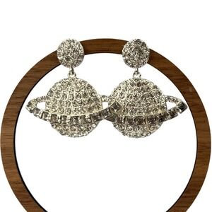 Rhinestone Saturn Planet Earrings Crystal Silver Tone Celestial Statement Dangle